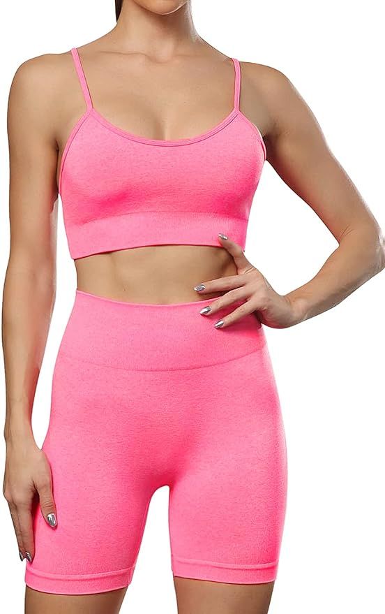 Women's Shorts Sets 2 Piece Outfits for Summer Seamless High Waisted Yoga Shorts with Adjustable ... | Amazon (US)