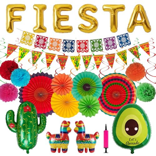 33Pcs Cinco De Mayo Decorations, Mexican Fiesta Party Decorations, Hanging Paper Fan and Ballons with Pump Streamers Papel Picado Paper Pompoms for Cinco de Mayo Mexican Party Décor | Amazon (US)