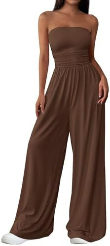 PRETTYGARDEN Womens Trendy Strapless Rompers 2026 Ruched Tube Top Wide Leg One Piece Jumpsuits Be... | Amazon (US)