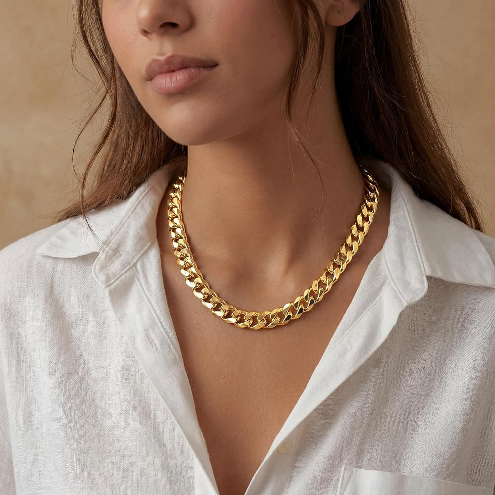 WomenGifts Cuban Link Chain Necklace for Women, Waterproof 14k Gold Silver Plated Chain Choker, N... | Amazon (US)