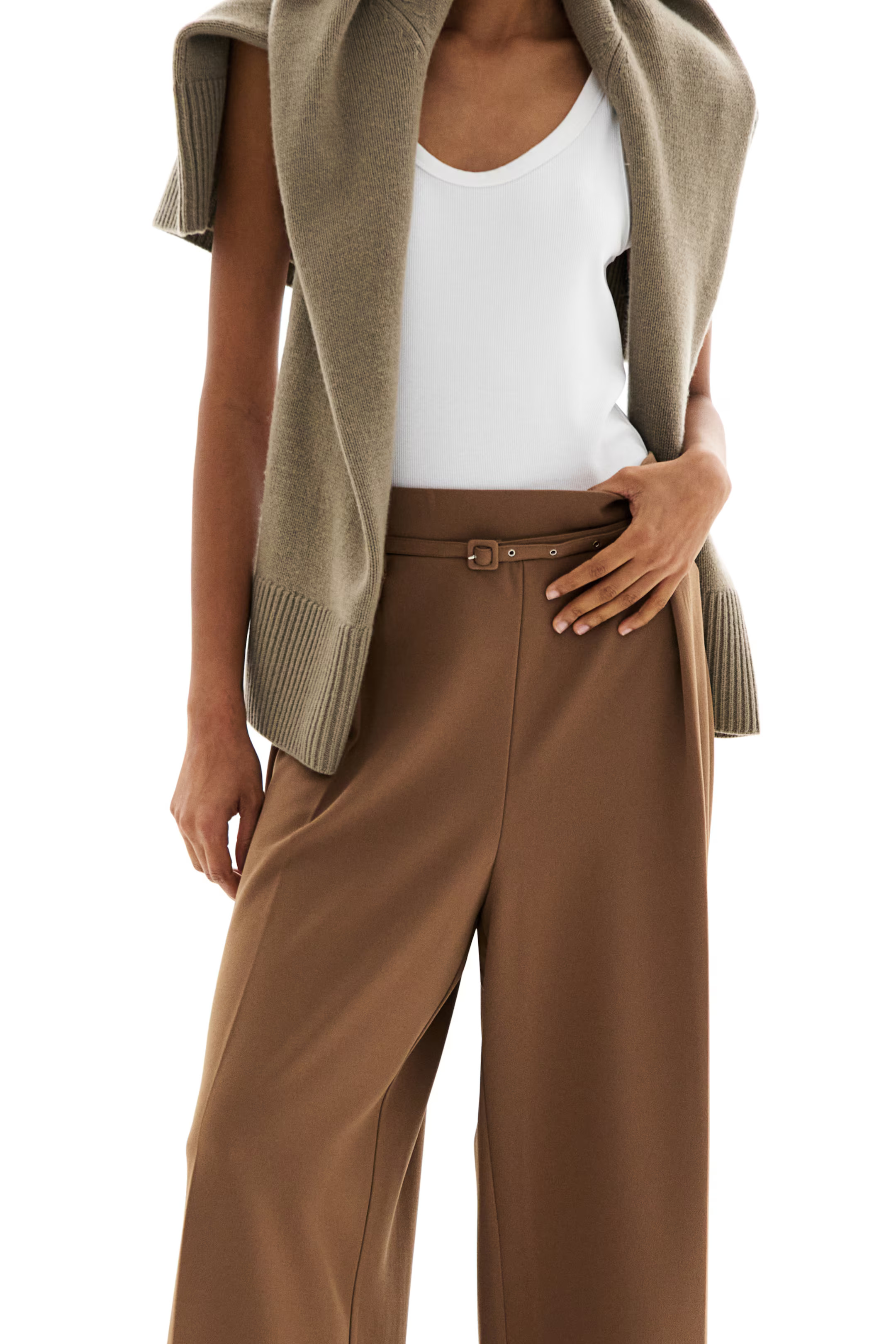Wide belted trousers - Dark beige - Ladies | H&M GB | H&M (UK, MY, IN, SG, PH, TW, HK)