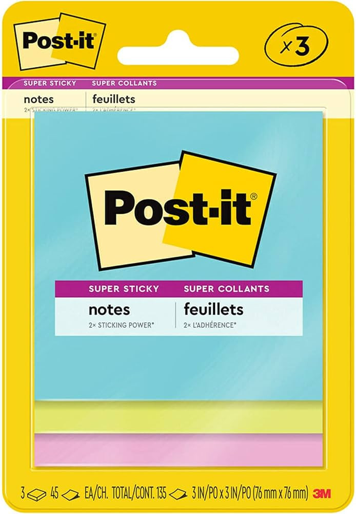 Post-it Super Sticky Notes, 3x3 in, 3 Pads, 2X The Sticking Power, Supernova Neons, Bright Colors... | Amazon (US)