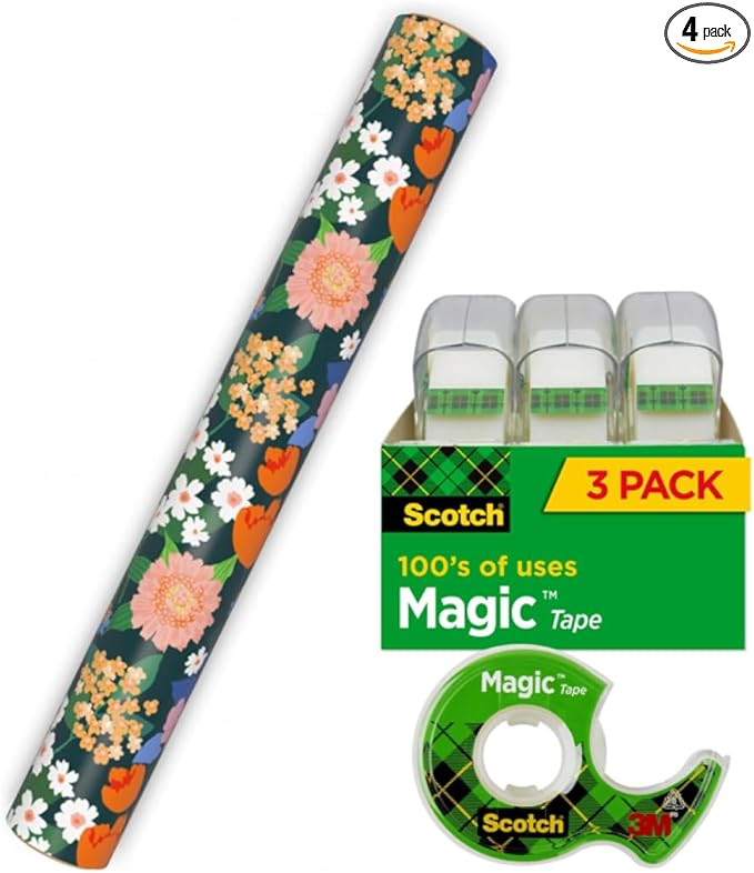 Hallmark Floral Wrapping Paper Roll and Scotch Magic Tape (1 Mini Gift Wrap Roll with 3 Rolls of ... | Amazon (US)
