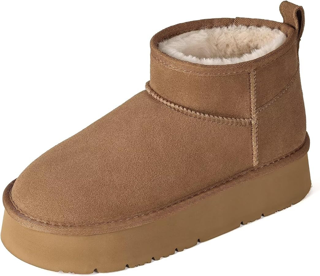 OOW Ankle Platform Boots for Women Genuine Suede Short Winter Snow Boot with Cozy Memory Foam | Amazon (US)