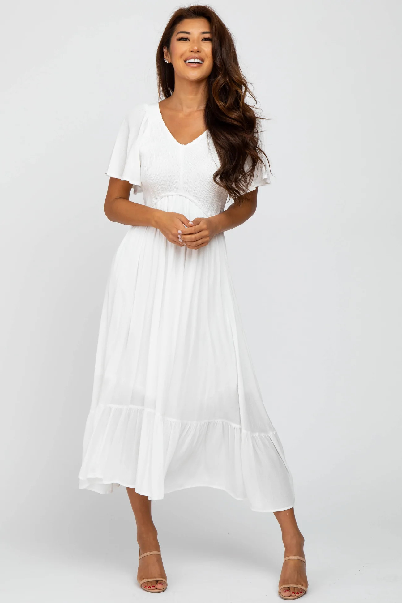 Ivory Smocked V-Neck Midi Dress | PinkBlush Maternity