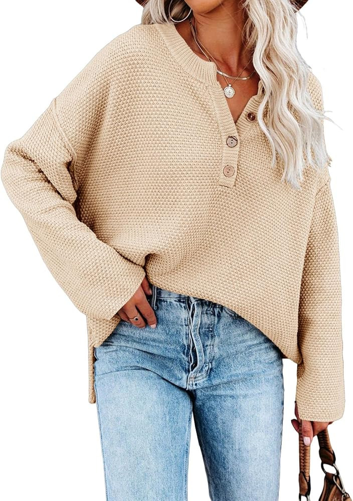 Saodimallsu Women's Oversized Sweaters Batwing Long Sleeve Loose V Neck Button Henley Tops Pullover  | Amazon (US)