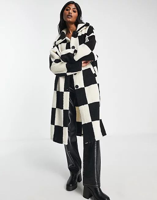 Neon & Nylon longline teddy coat in black and white checkerboard | ASOS (Global)