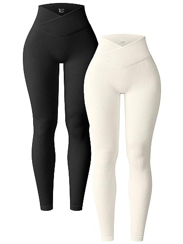 OQQ Women's 2 Piece Yoga Leggings Ribbed Seamless Workout High Waist Cross Over Athletic Exercise Leggings Black Beige | Amazon (US)