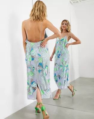 ASOS EDITION neon floral embellished cami slip midi dress in light blue | ASOS | ASOS (Global)