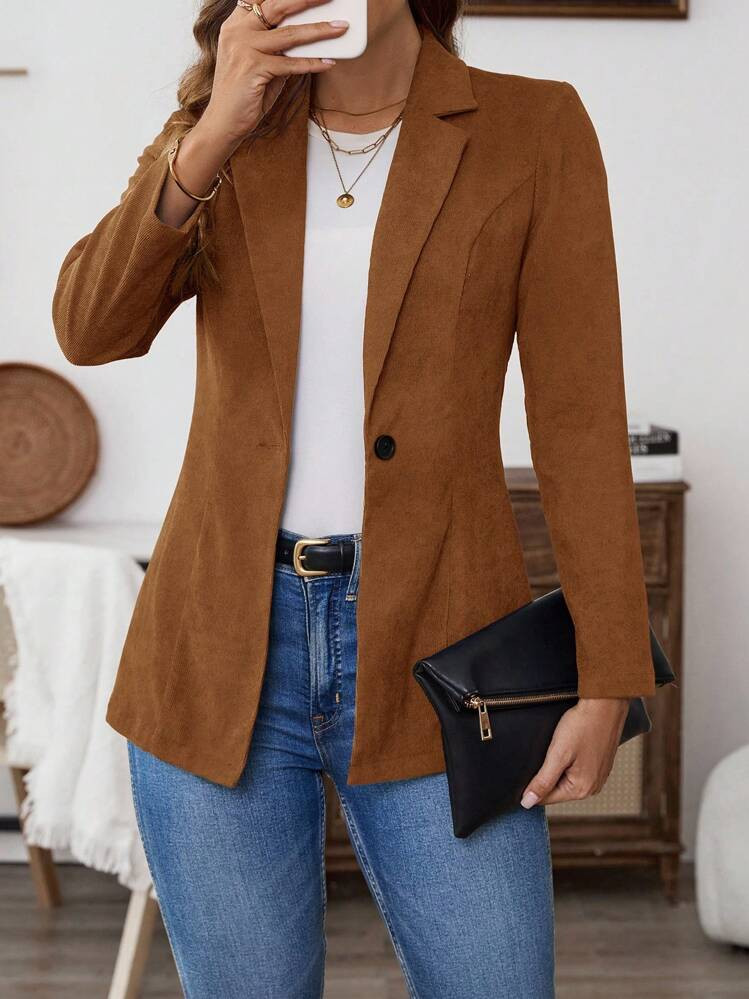 EMERY ROSE Women's Mocha Brown Lapel Blazer In Woven Fabric With Rib-Knit Details,Fall Clothes For Women Brown Corduroy Blazer Casual Blazer Women Autumn | SHEIN