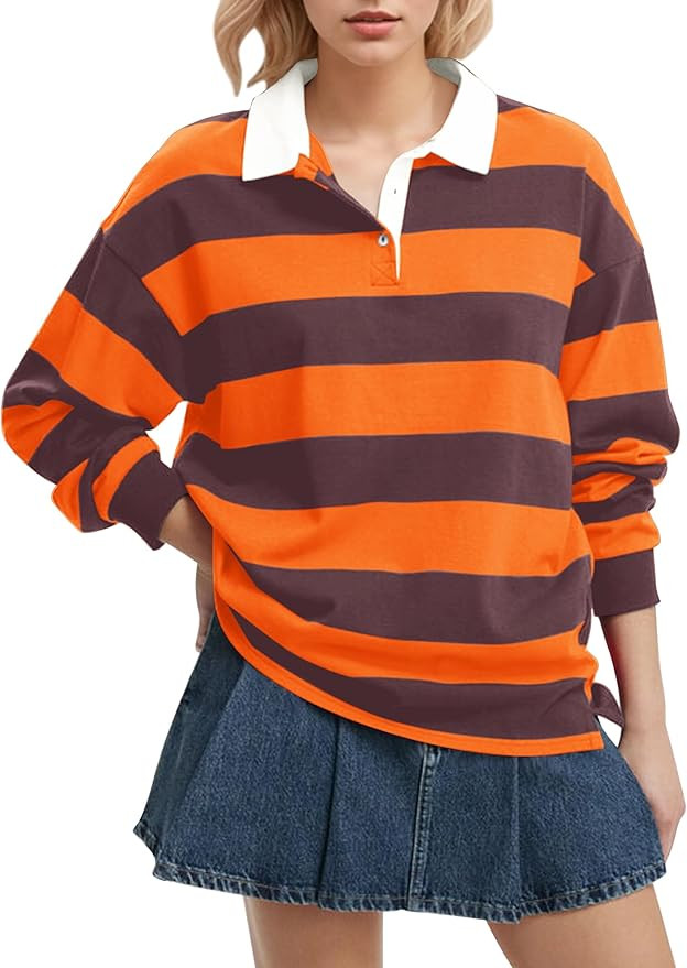 Meladyan Rugby Shirt Women Polo Striped Sweatshirt Oversized Long Sleeve Lapel V Neck Pullover To... | Amazon (US)