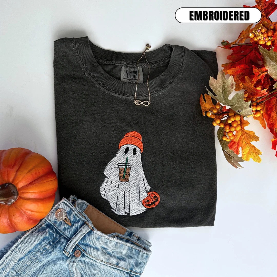 Ghost With Iced Coffee Embroidery T-shirt and Sweatshirt - Etsy | Etsy (US)