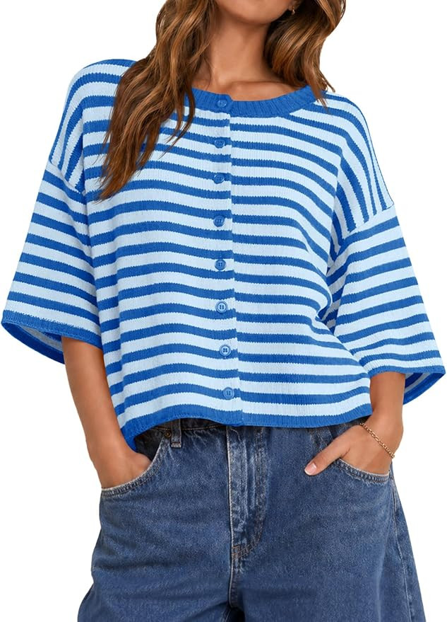 Saodimallsu Womens Short Sleeve Cardigan Cropped Striped Button Down Oversized Lightweight Knit S... | Amazon (US)