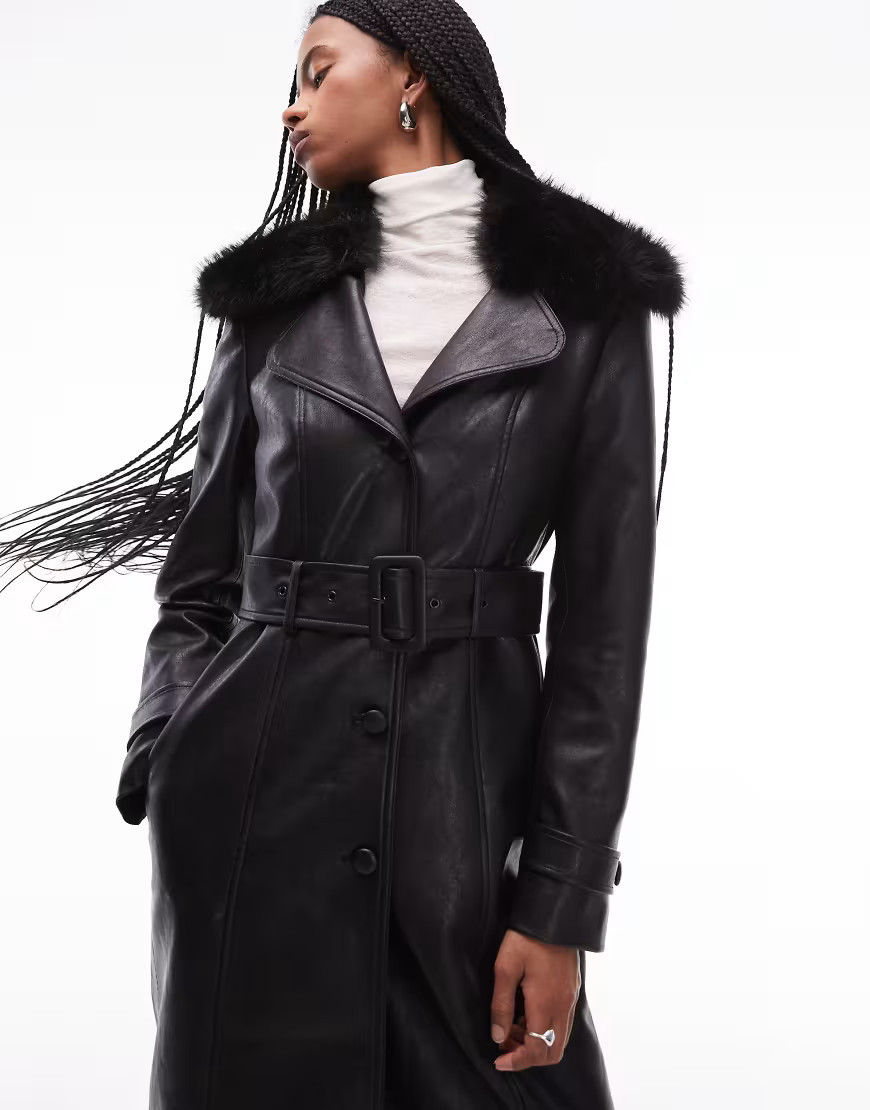 Mango 100% leather faux fur collar trench coat in black | ASOS (Global)