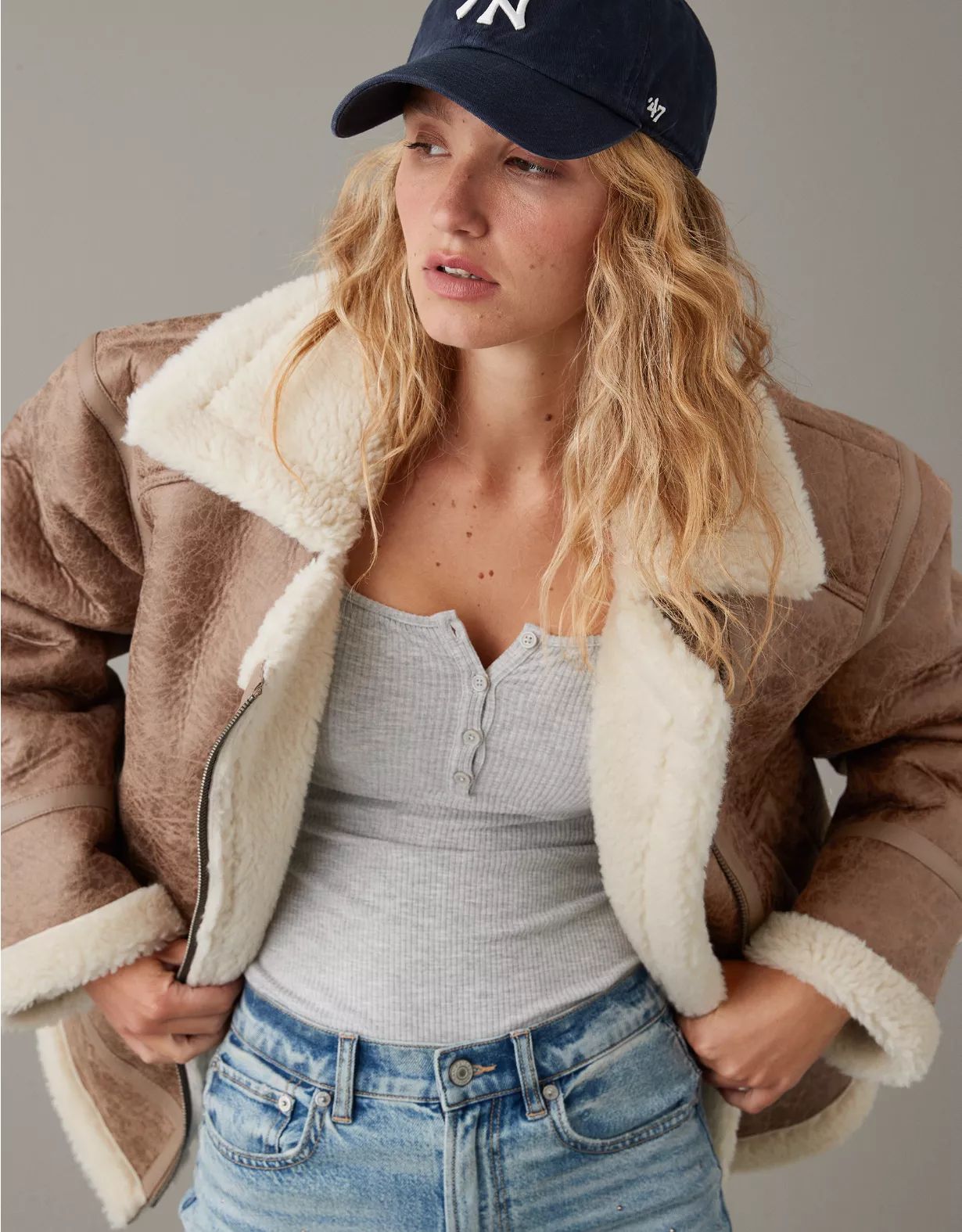 AE Oversized Vegan Shearling Moto Jacket | American Eagle Outfitters (US & CA)