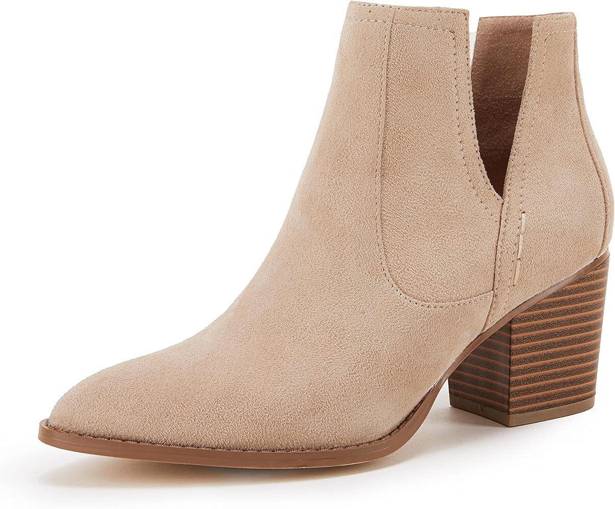 Amazon.com | FISACE Womens Pointed Toe Chunky Mid Heel Ankle Boots Slip On V Cut Snakeskin Faux Leat | Amazon (US)