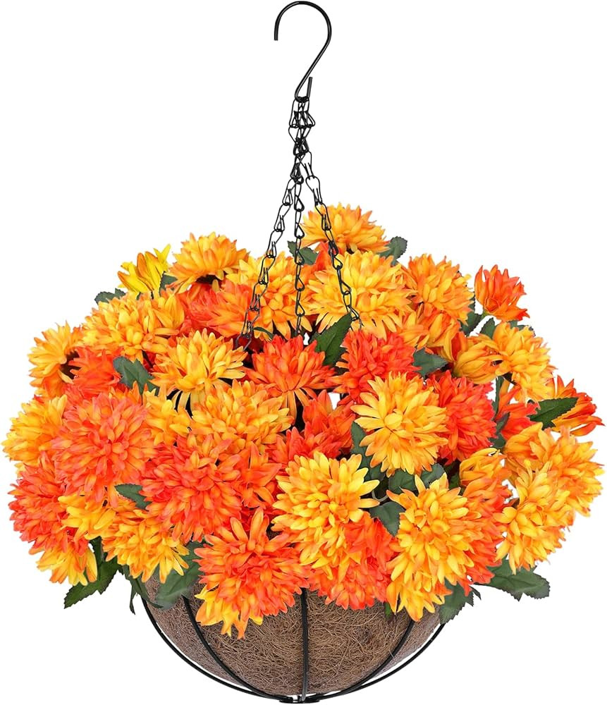 Artificial Faux Fall Mums Hanging Flowers Plants Basket for Outdoor Decor, 75 UV Resistant Fake S... | Amazon (US)