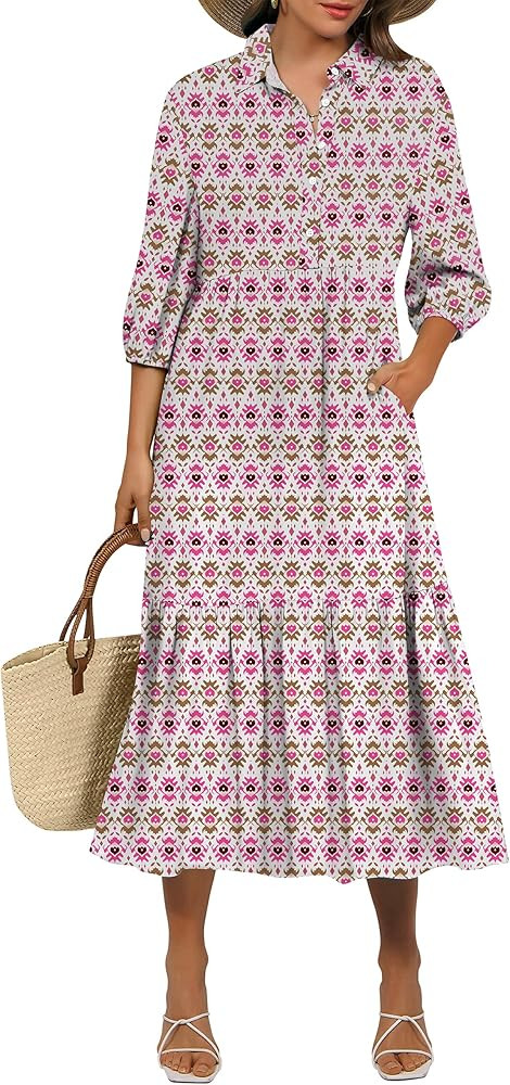 ANRABESS Women Summer Dress 2026 3/4 Puff Sleeve Polo V Neck Floral Print Casual Boho Shirt Maxi ... | Amazon (US)