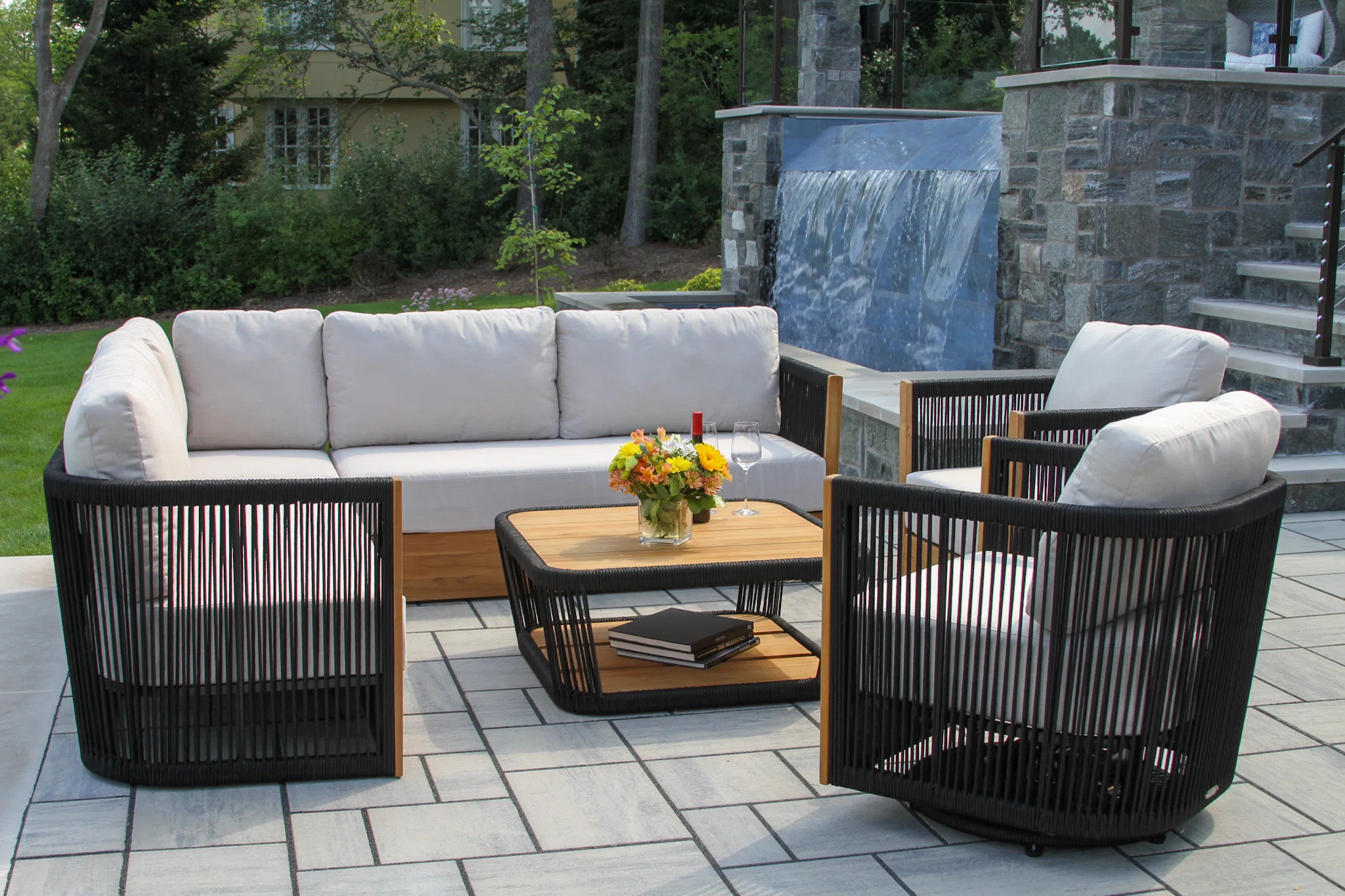 Aniston 5-piece Teak & Black Rope Outdoor Seating Set With Swivel Chairs And Sunbrella Cushions | Wayfair North America