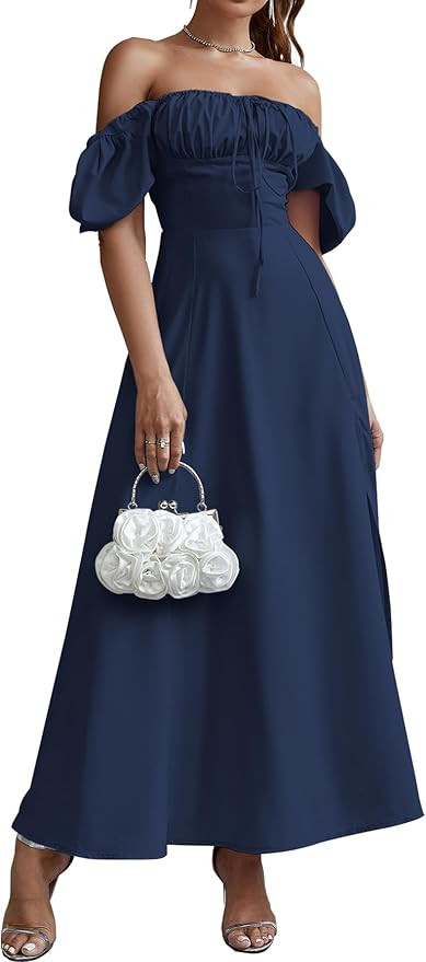 Women's Summer Puff Sleeve Floral Split Maxi Dress Flowy A Line Casual Beach Long Dresses 2025 | Amazon (US)