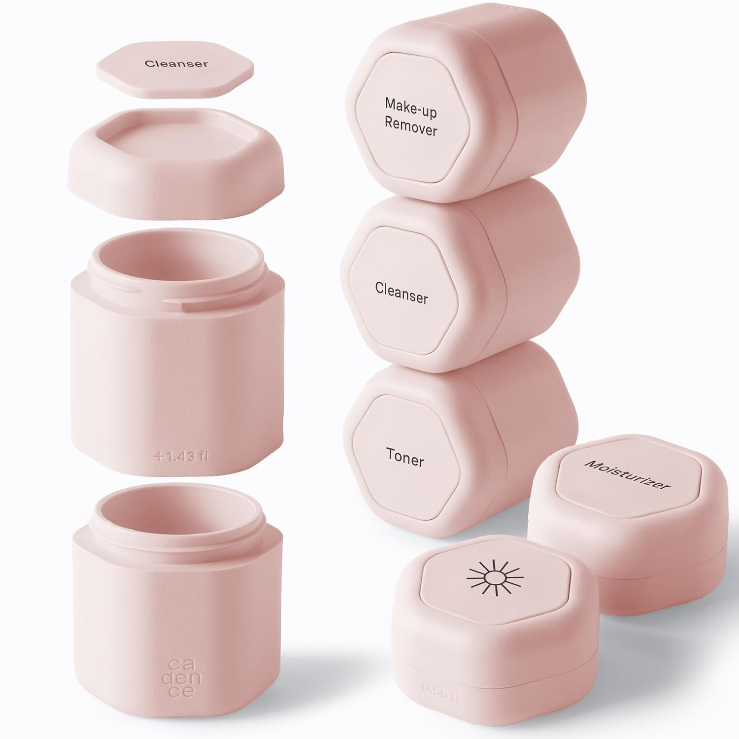 Cadence Capsules - Full Skincare Set, Petal - Six Containers with Magnetic Lids - 100% Leak Proof & TSA Approved for Travel and Carry On, 2 Small (0.56oz), 4 Medium (1.32oz) & Extender (1.43oz) | Amazon (US)