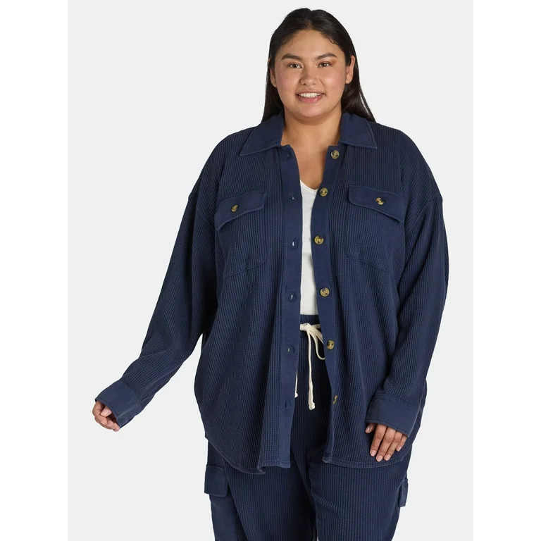 Terra & Sky Women's Plus Size Button Down Waffle Knit Shacket, 0X-4X | Walmart (US)