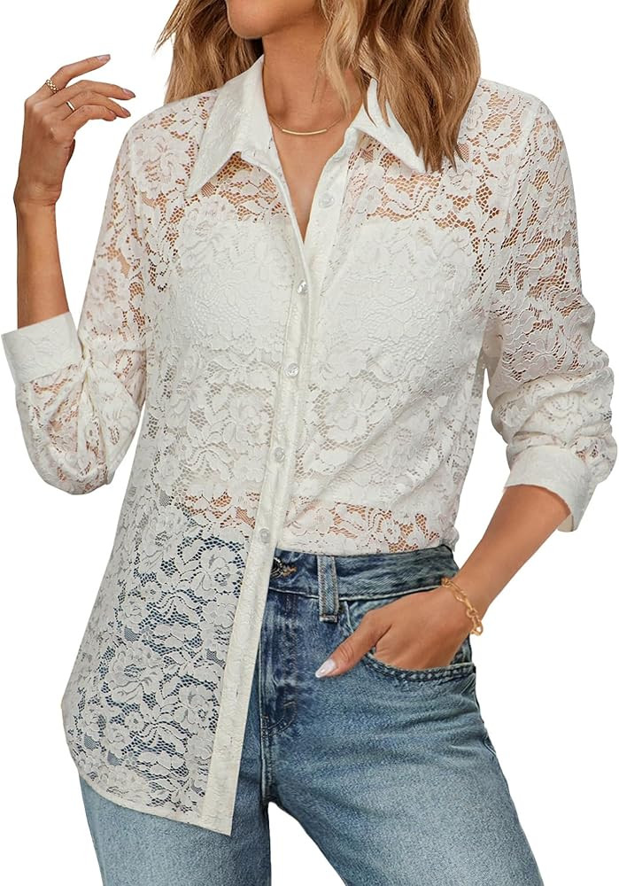 Angashion Women Dressy Casual Tops Long Sleeve Lace Button Up Shirts V Neck Trendy Tunic Loose Bl... | Amazon (US)