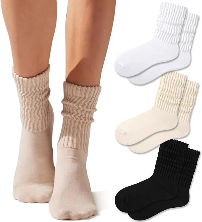 Crew Socks For Women Multipairs Cotton Cushioned Athletic Socks Retro Slouch Socks Mid Calf Rib T... | Amazon (US)