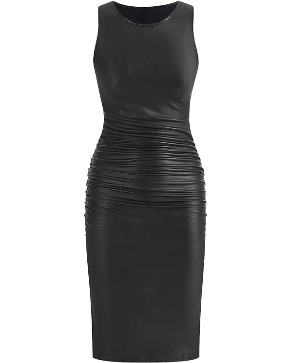 Verdusa Women's Split PU Leather Ruched Tank Dress Crewneck Sleeveless Long Bodycon Dress | Amazon (US)