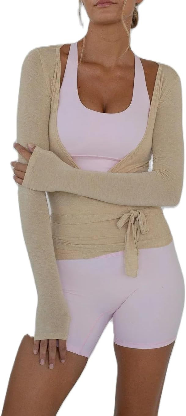 Womens Ballet Wrap Top Long Sleeve Tie Front Workout Cover Up Pilates Yoga Tops Y2k Fairy Coquett... | Amazon (US)