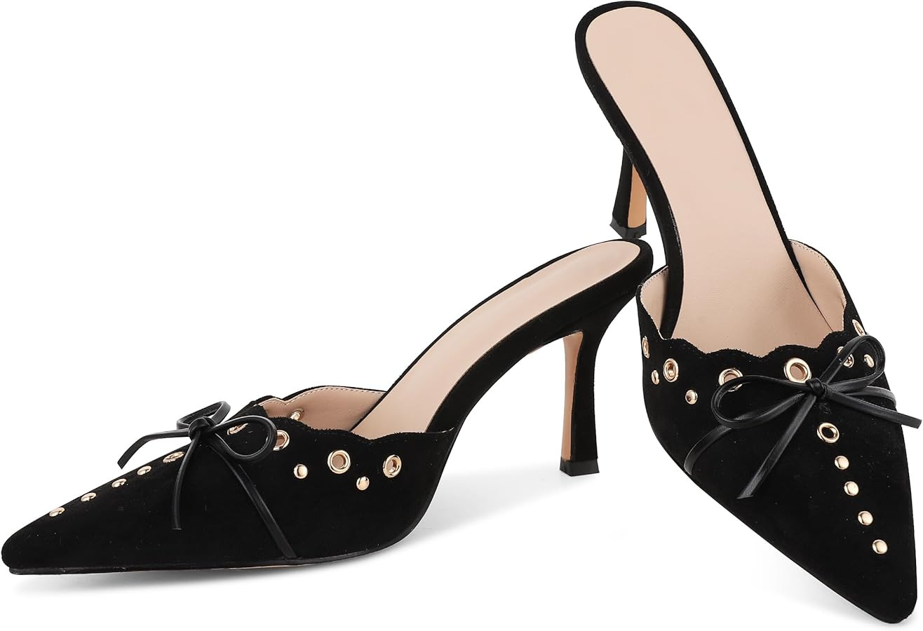 SaraIris Women's Black Mules Heels Pointed Toe Studded Slingback High Heel | Amazon (US)