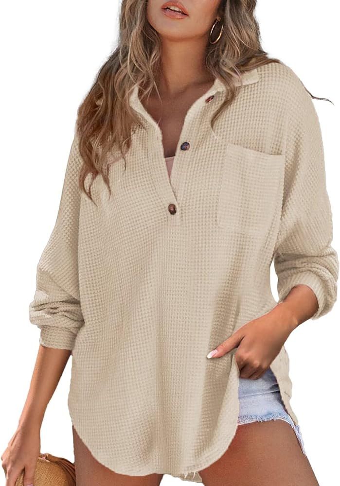 Astylish Women Waffle Knit Tops Henley Shirts Long Sleeve V Neck Solid Color Casual Tunic | Amazon (US)