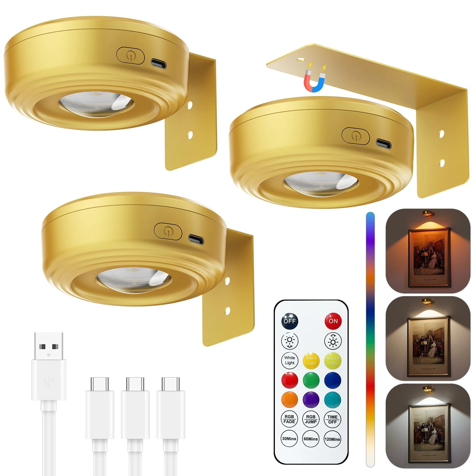 Oyezvary Picture Lights for Wall 3 Pack Rechargeable Magnetic Poster Light with Remote 3 Color Temperatures RGB Dimmable Timer for Art Display Frame | Lowe's