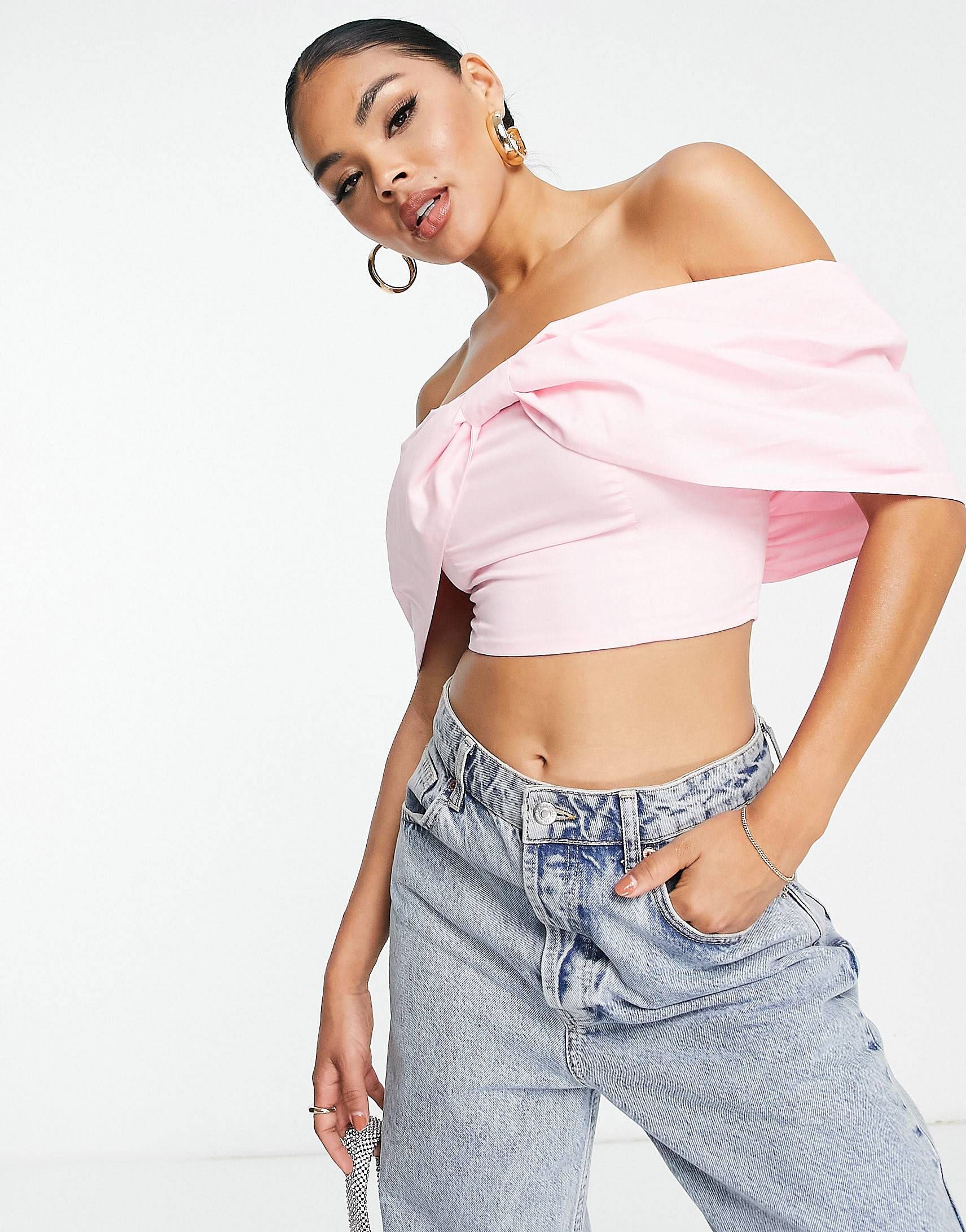 ASOS DESIGN Going Out off shoulder top with bow front in pink | ASOS (Global)