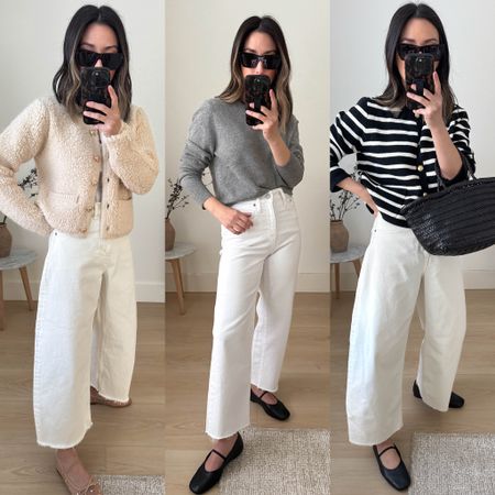 Everlane barrel jeans. Everlane white jeans. How to style white jeans  

Left to Right:

ASTR the Label sweater small 
Everlane jeans 26. size up and cut hems
Jeffrey Campbell flats 5.5
Celine sunglasses

J.Crew sweater xs
J.Crew jeans petite 24
Everlane flats 5
YSL sunglasses 

J.Crew sweater small
Everlane jeans 26. cut hems and sized up
Everlane flats 5
Dragon Diffusion bag small 
YSL sunglasses 

#LTKshoecrush #LTKitbag