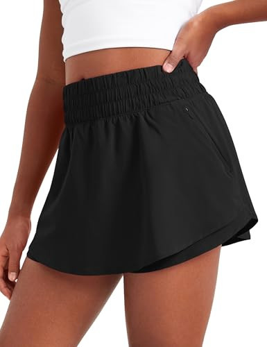 CRZ YOGA Girls Athletic Shorts with Zip Pocket - High Waist Flowy Ruffle Skirt for Workout Running Tennis Teen Kids Liner Black Small | Amazon (US)