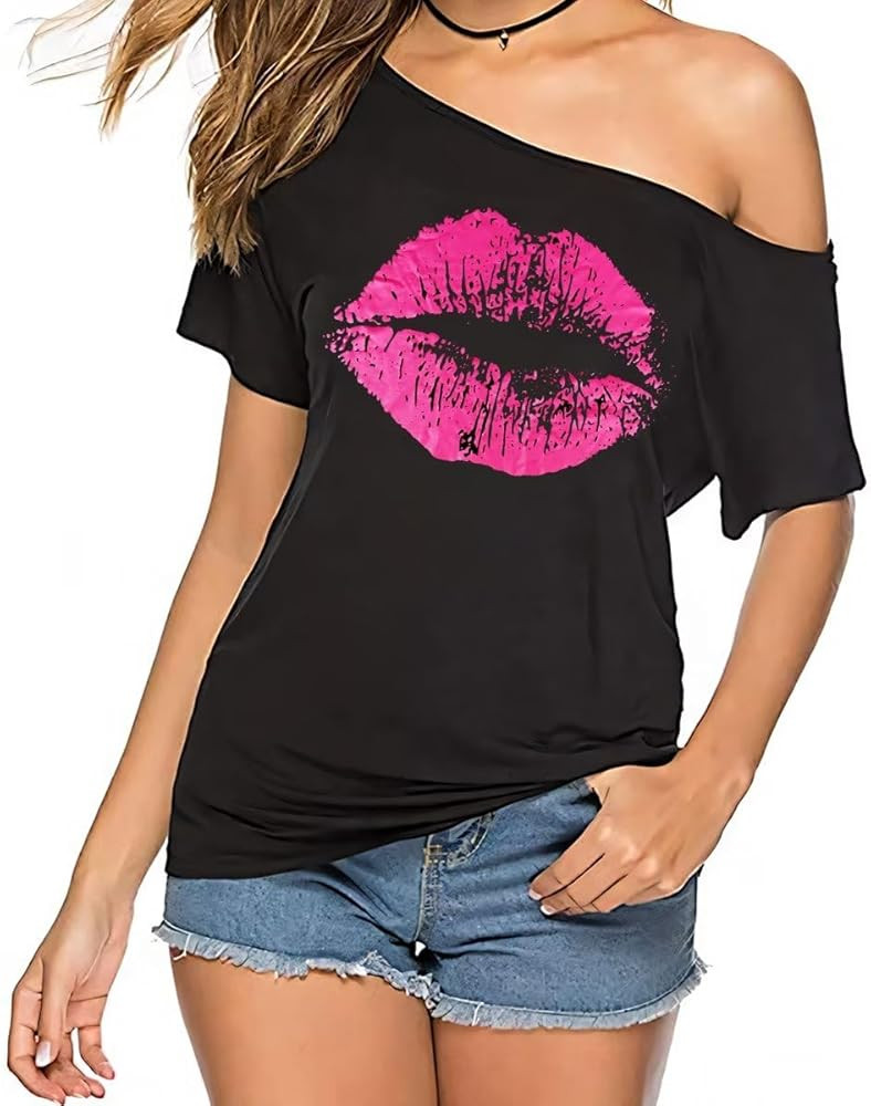 Women's Casual Sexy Off Shoulder Tops Lips Print T Shirts, 80s 90s Neon Outfit Short Sleeve Overs... | Amazon (US)