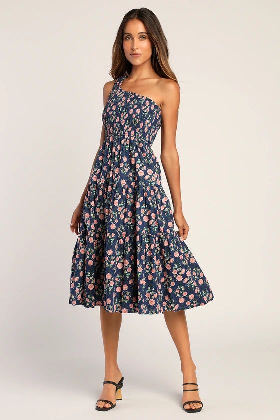You Grow Girl Navy Floral Print One-Shoulder Midi Dress | Lulus (US)