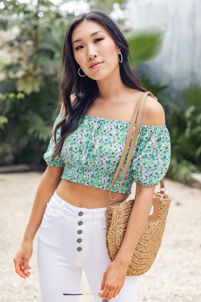 Indescribable Night Green Floral Off The Shoulder Cropped Blouse FINAL SALE | Pink Lily