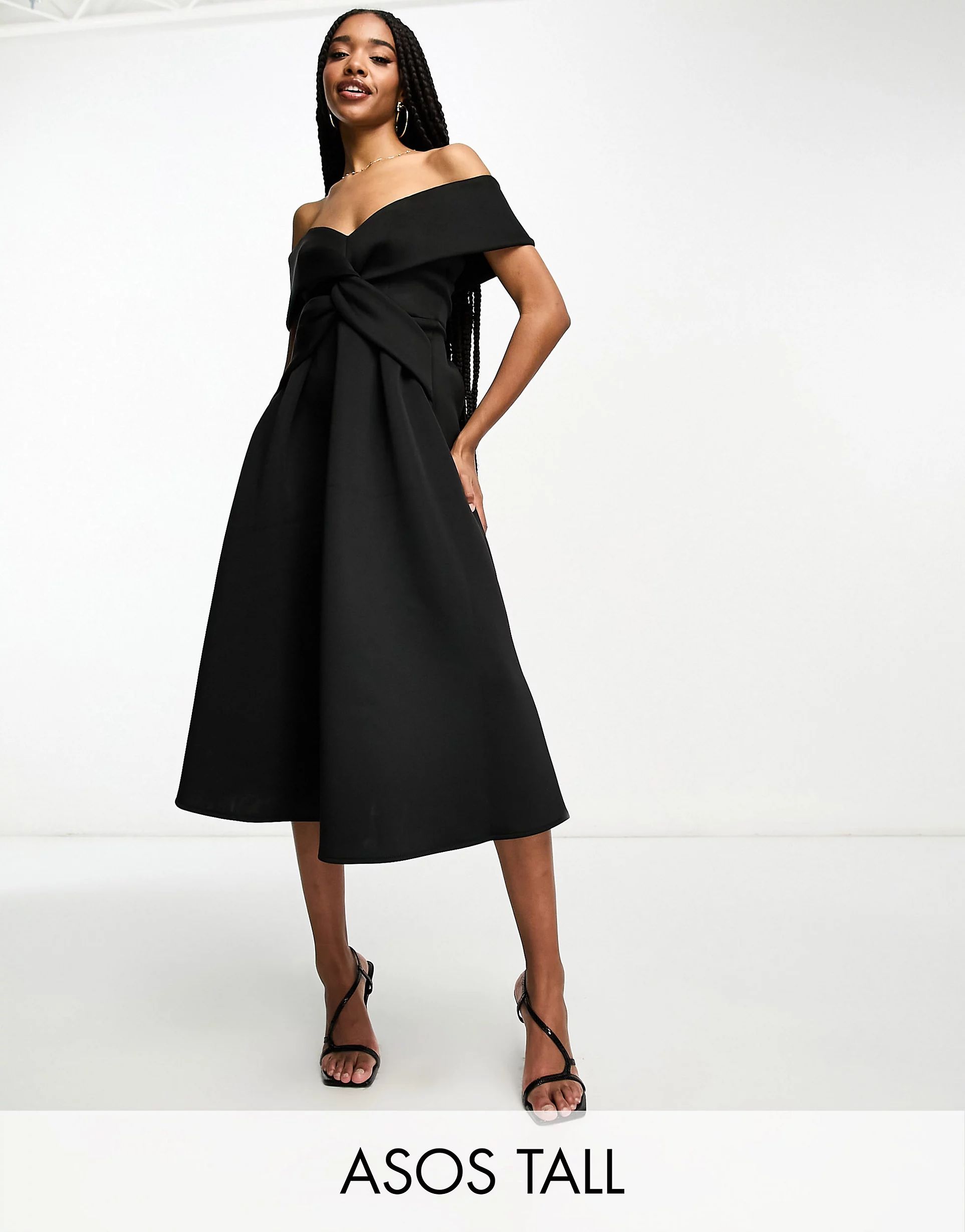 ASOS DESIGN Tall twist off the shoulder prom skater midi dress in black | ASOS (Global)