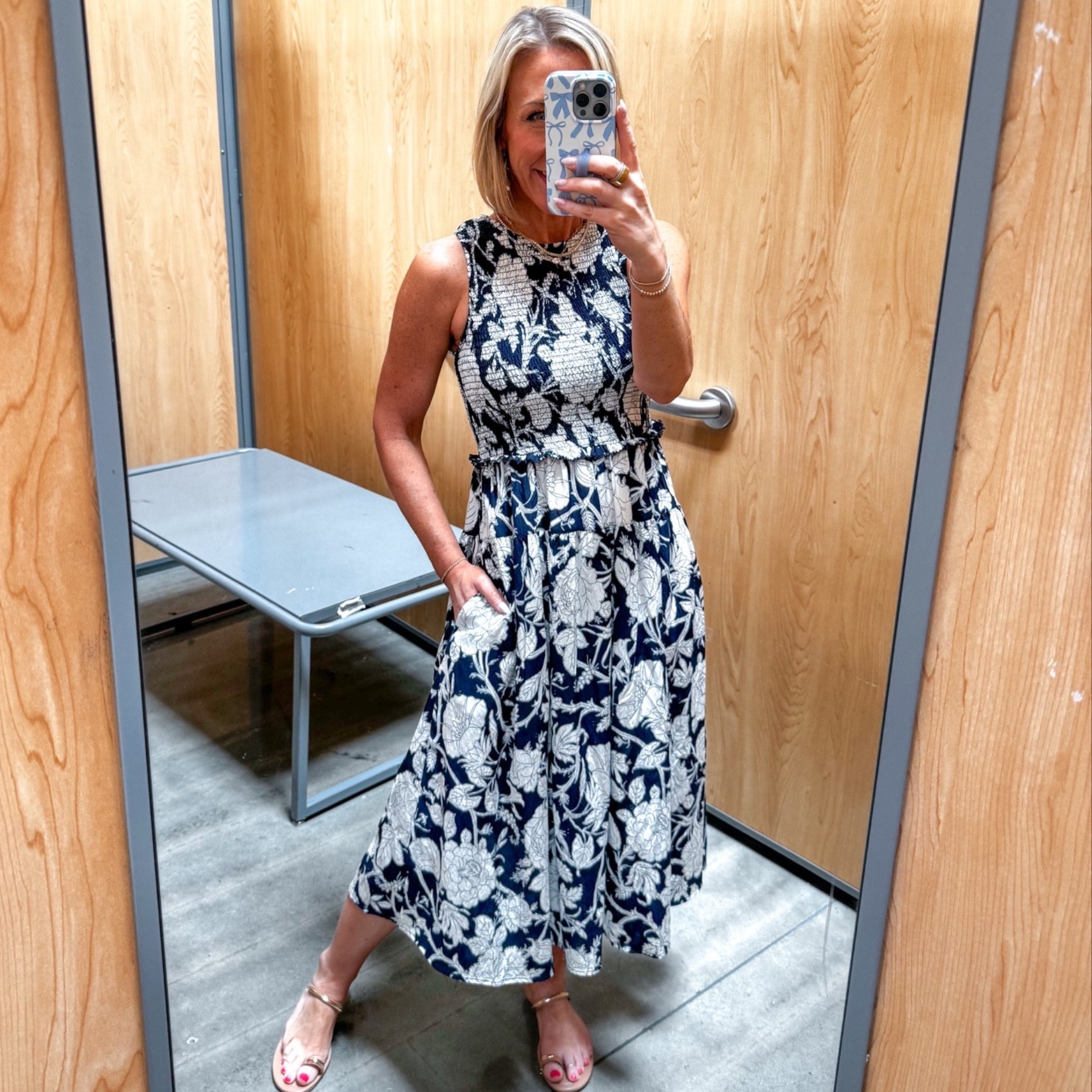 Walmart - in store try-on. Sleeveless Smocked Midi Dress - size XS. $24.98. 5 colors. 

#LTKSeasonal#LTKOver40 

 