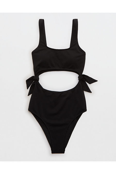 Aerie Pique Cut Out Scoop One Piece Swimsuit Women's True Black L | American Eagle Outfitters (US & CA)