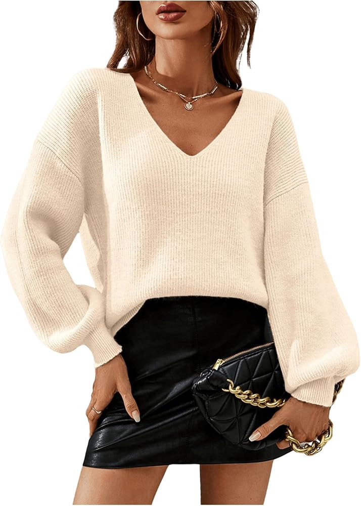 MakeMeChic Women's Solid V Neck Drop Shoulder Sweater Long Sleeve Knitted Pullover Casual Tops | Amazon (US)