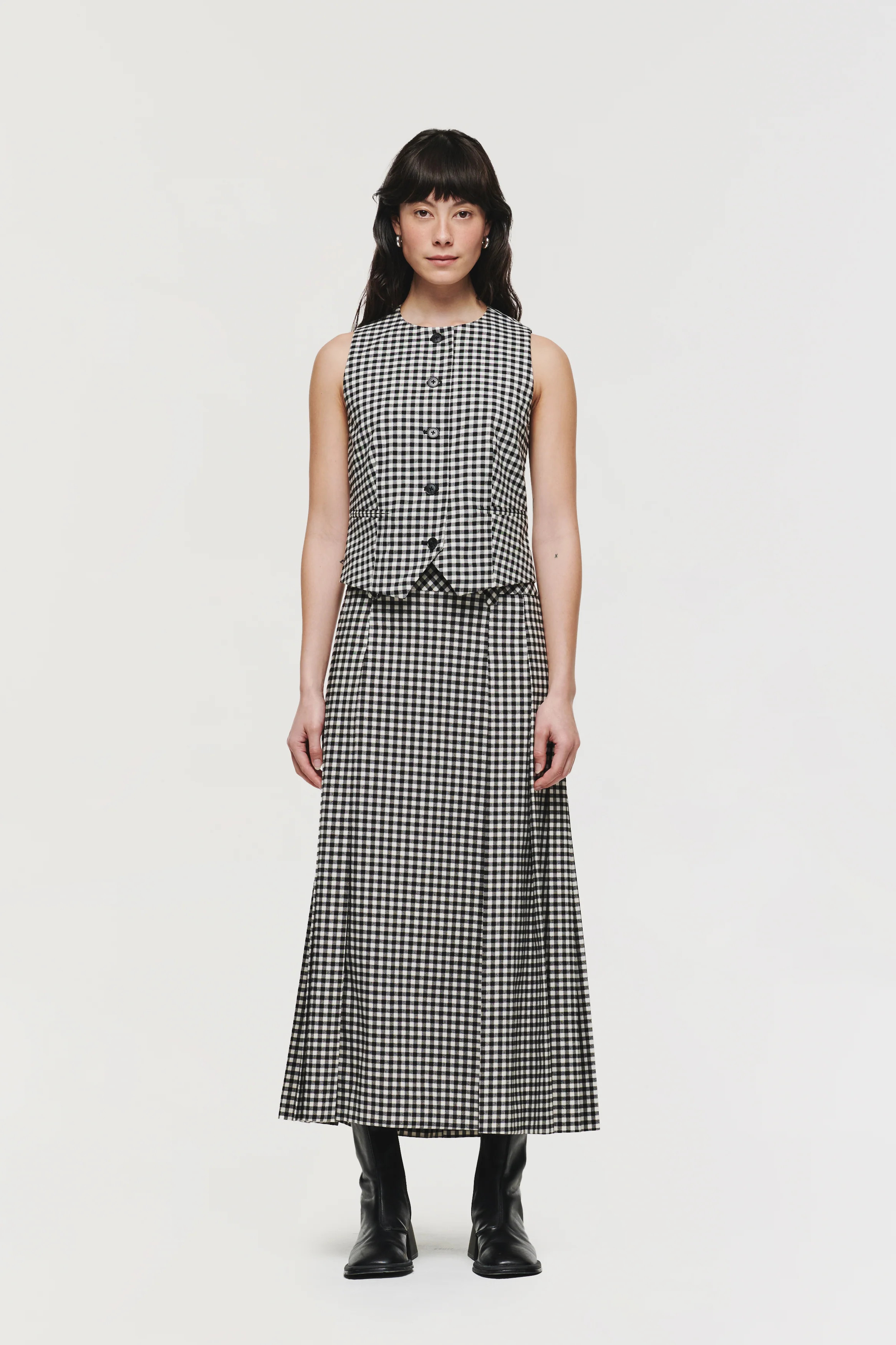 Kinga | Long Pleated Skirt in Black Gingham | ALIGNE | ALIGNE USA