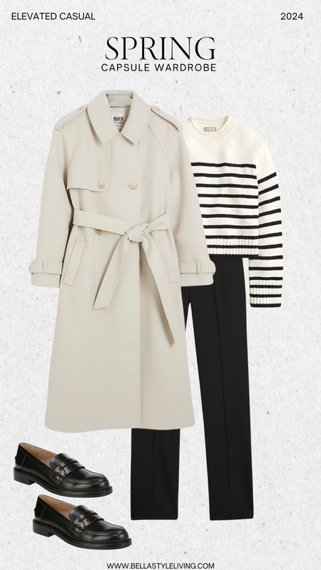 Elevated casual spring capsule wardrobe, outfit idea. Pair black jeans in a striped pullover with a trenchcoat and black loafers.

#LTKstyletip #LTKworkwear #LTKfindsunder100