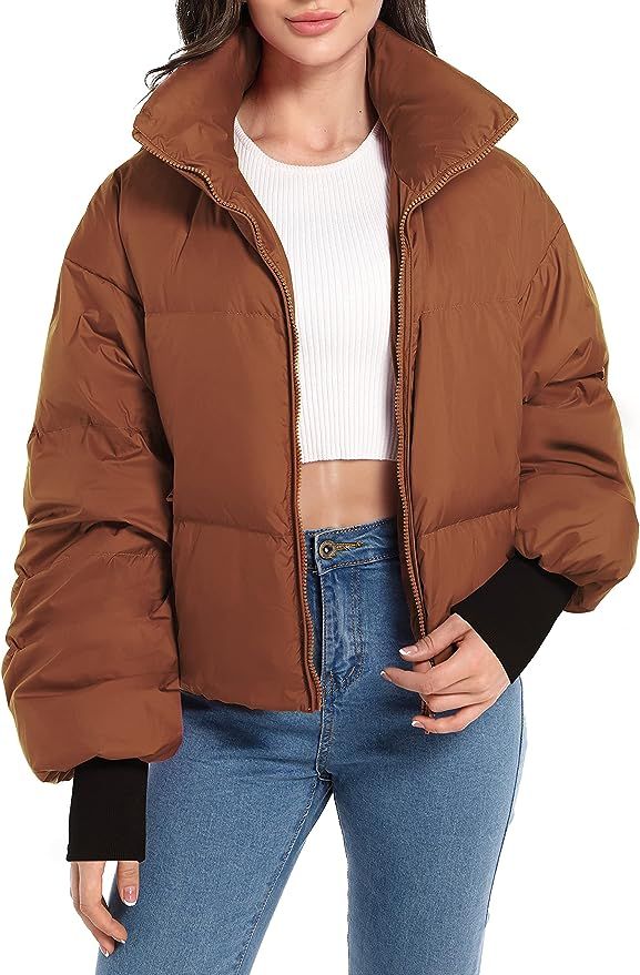 Amazon.com: Orolay Womens Winter Oversized Short Down Jacket Crop Zip Puffer Coat Coffee S : Clot... | Amazon (US)