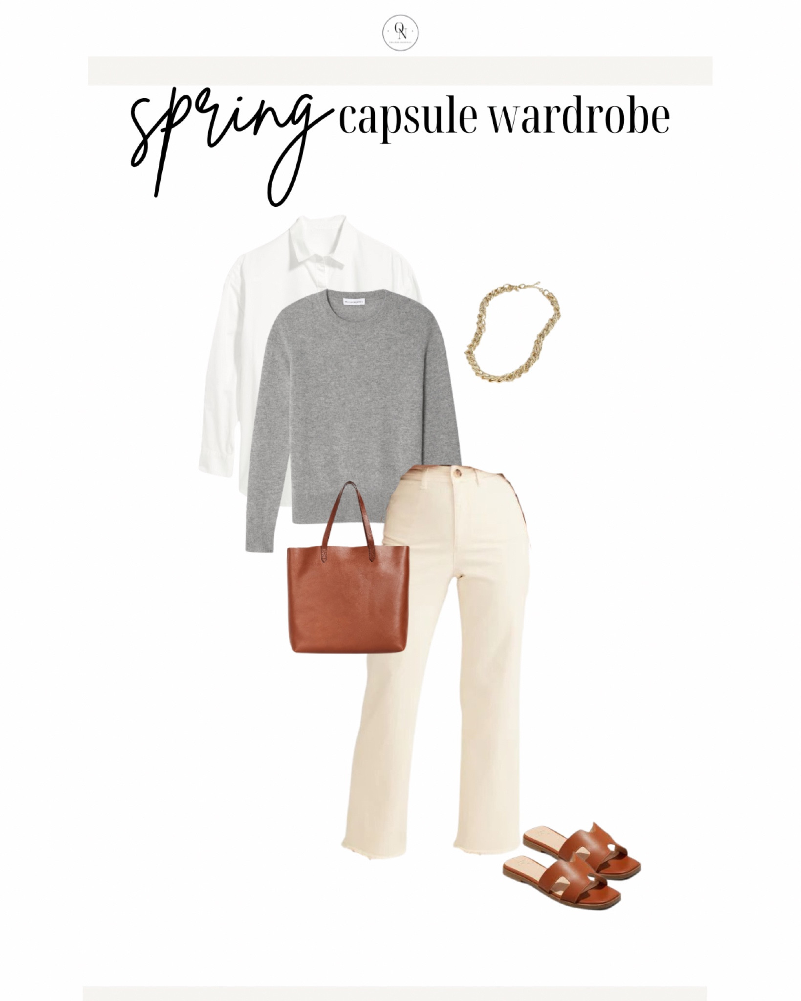 Cashmere sweater outfit, cream pants for spring 

The Spring Capsule Wardorbe is here! 18 pieces to make getting dressed easy, decrease decision fatigue and reduce your mental load this spring. All at a modest price point with all items including trench under $150.

1. Basic white tshirt
2. Cashmere sweater
3. Striped sweater
4. White button down
5. Black denim
6. Cream pants (not shown but linked)
7. Wide leg denim
8. Black blazer
9. Trench coat
10. Black mules
11. Cognac sandals
12. Black sling backs
13. Sneakers
14. Chain necklace
15. Black purse 
16. Black crossbody (not shown)
17. Cognac tote
18. Sunglasses

spring outfits, spring capsule, what to wear for spring, spring outfits for women, travel spring outfits, spring essentials, sprint closet essentials, spring wardrobe essentials

#LTKSeasonal #LTKSpringSale