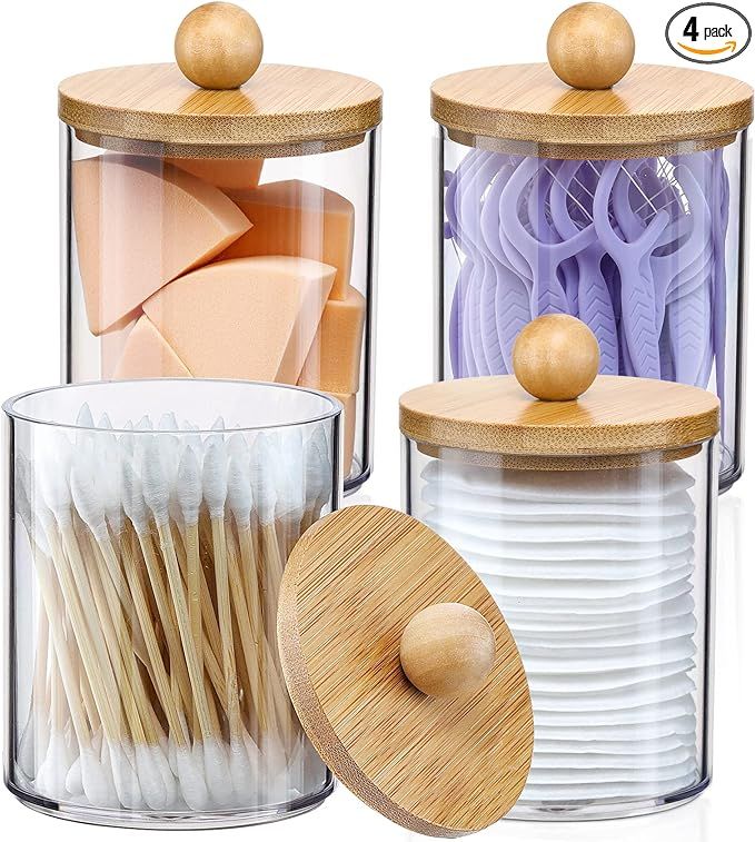 4 Pack Qtip Holder Dispenser with Bamboo Lids - 10 oz Clear Plastic Apothecary Jar Containers for... | Amazon (US)