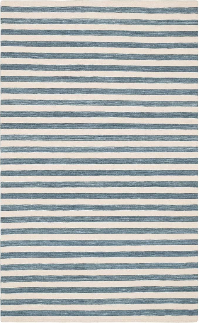 Ladder Stripe Blue/Ivory Handwoven Wool 8 X 10 Feet, Blue/Ivory Stripe Pattern | Amazon (US)