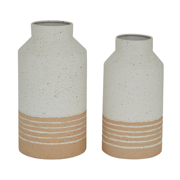 Set of 2 Round White Metal Textured Vase with Beige Striped Base - Olivia & May | Target